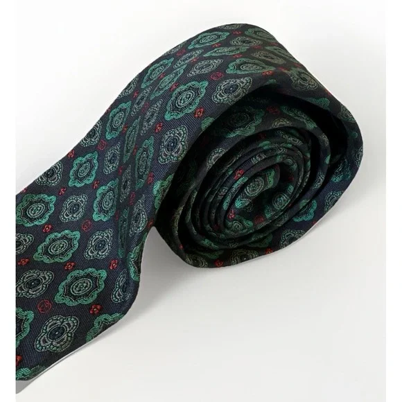 VTG GUCCI 100% Silk Tie Navy Green Medallion Print Vintage 1990s Made In Italy - Picture 2 of 14